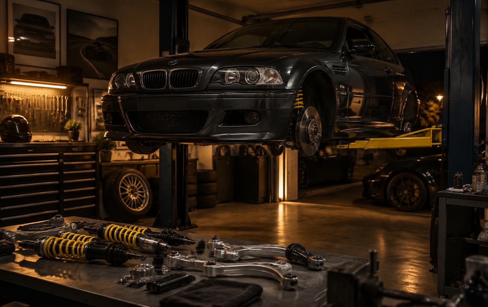 A car on a lift in a workshop, mid-repair